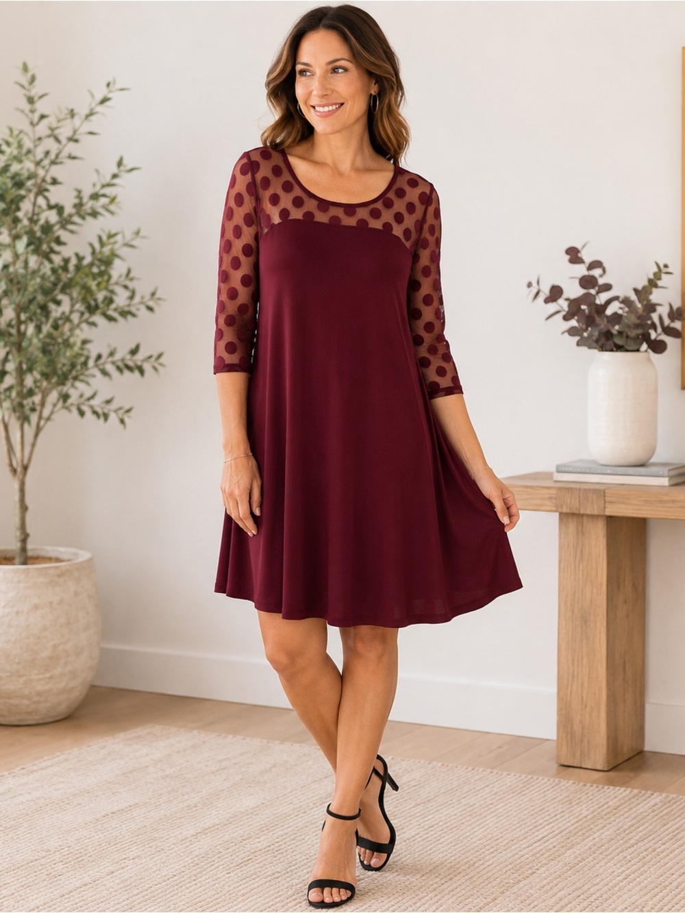 Nina Leonard Burgundy Miracle Matte Jersey Polka Dot Mesh Swing Dress Womens L